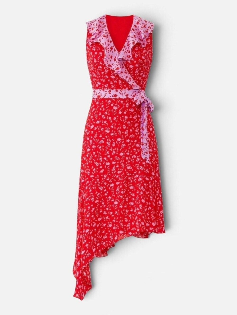 Parker Silk Blend Wrap Dress 4 Red Lavender Floral Asymmetrical Ruffle Hem Roman